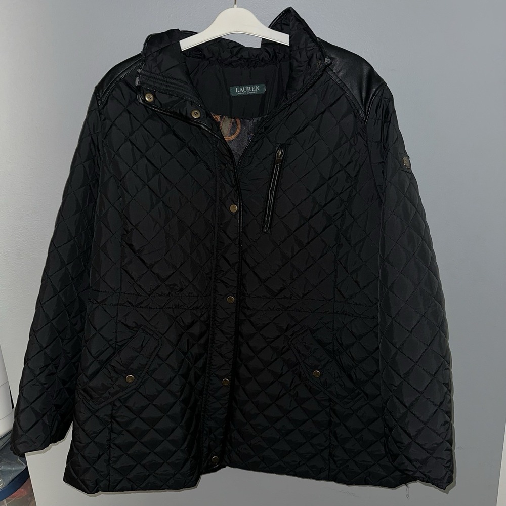 Lauren Ralph Lauren Quilted Jacket Black Diamond Coat Faux Leather Trim Plus 2X
